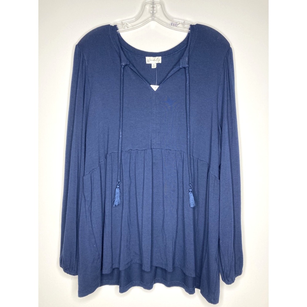 WONDERLY Blouse Women 1X Empire Waist V-Neck Tassel Accent Elastic Wrist Navy - Picture 4 of 5